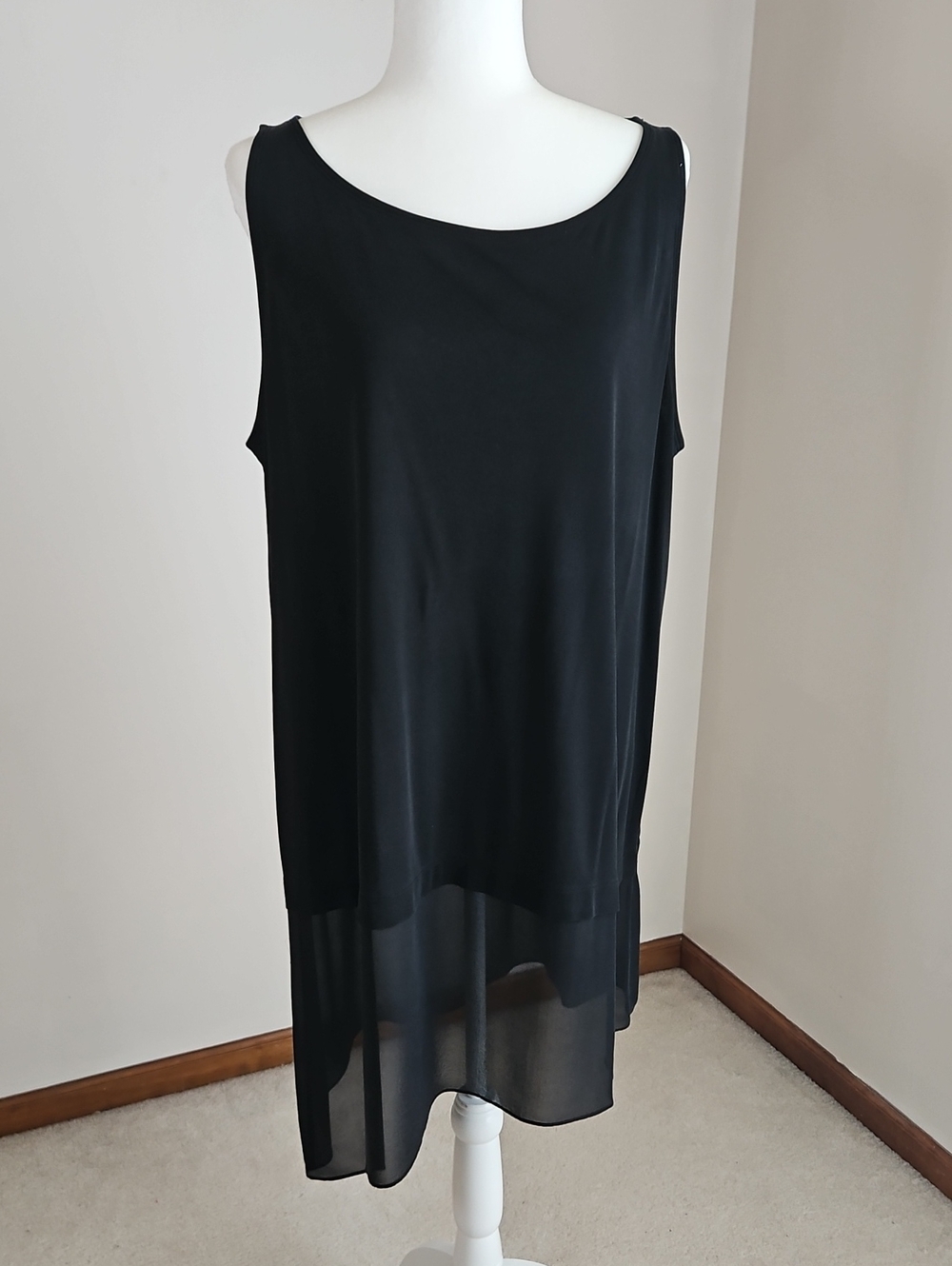 Eileen Fisher Sleeveless Silk Shift Dress Black Asymmetric Sheer Hem Tier LG